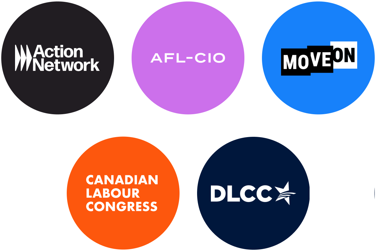 Image of several logos for organizations including the AFL-CIO, MoveOn, the Canadian Labour Congress, and the Democratic Legislative Campaign Committee